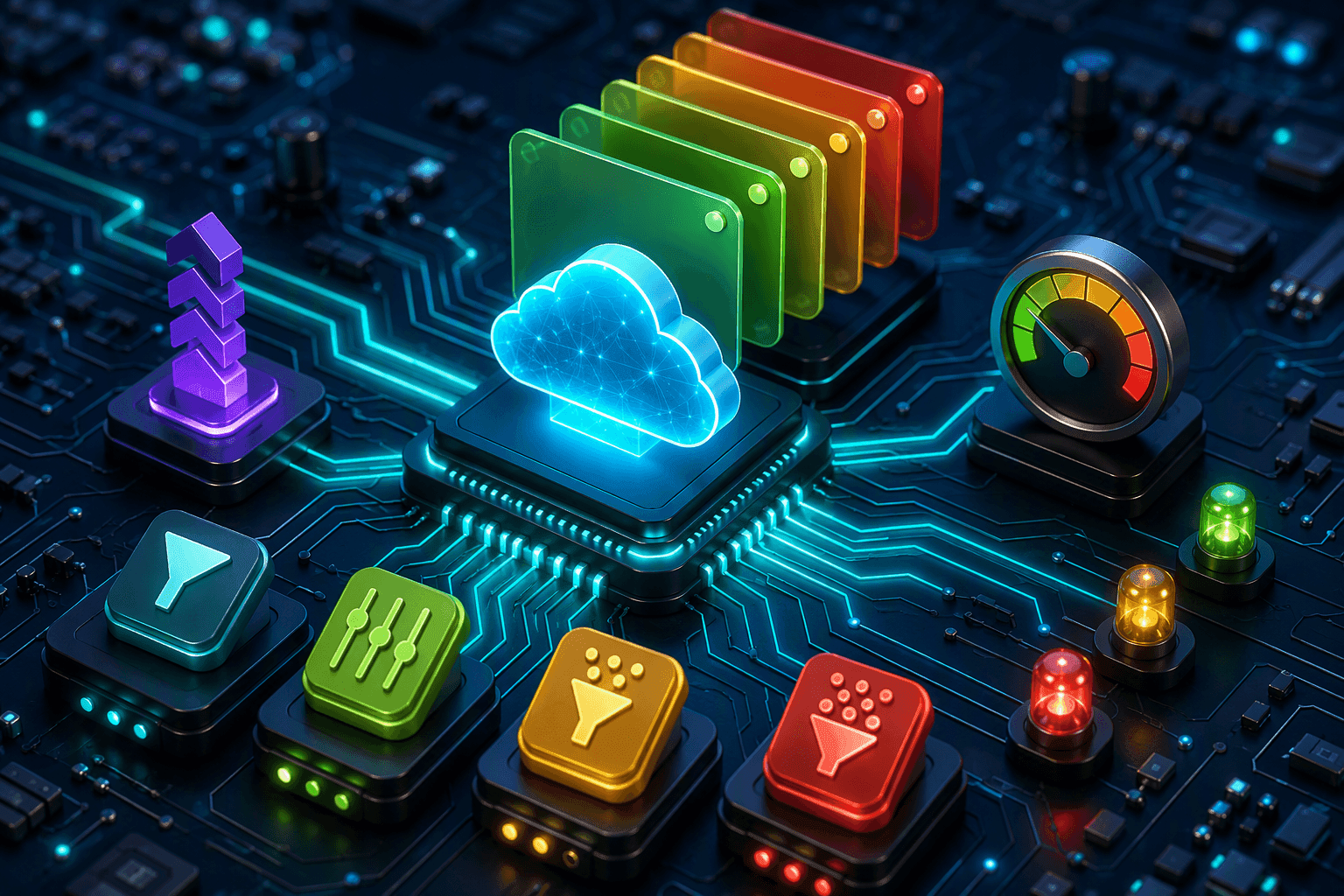 Product roundup: a cloud chip routing to a central gateway chip beside sortable model cards and a key gauge on a circuit board