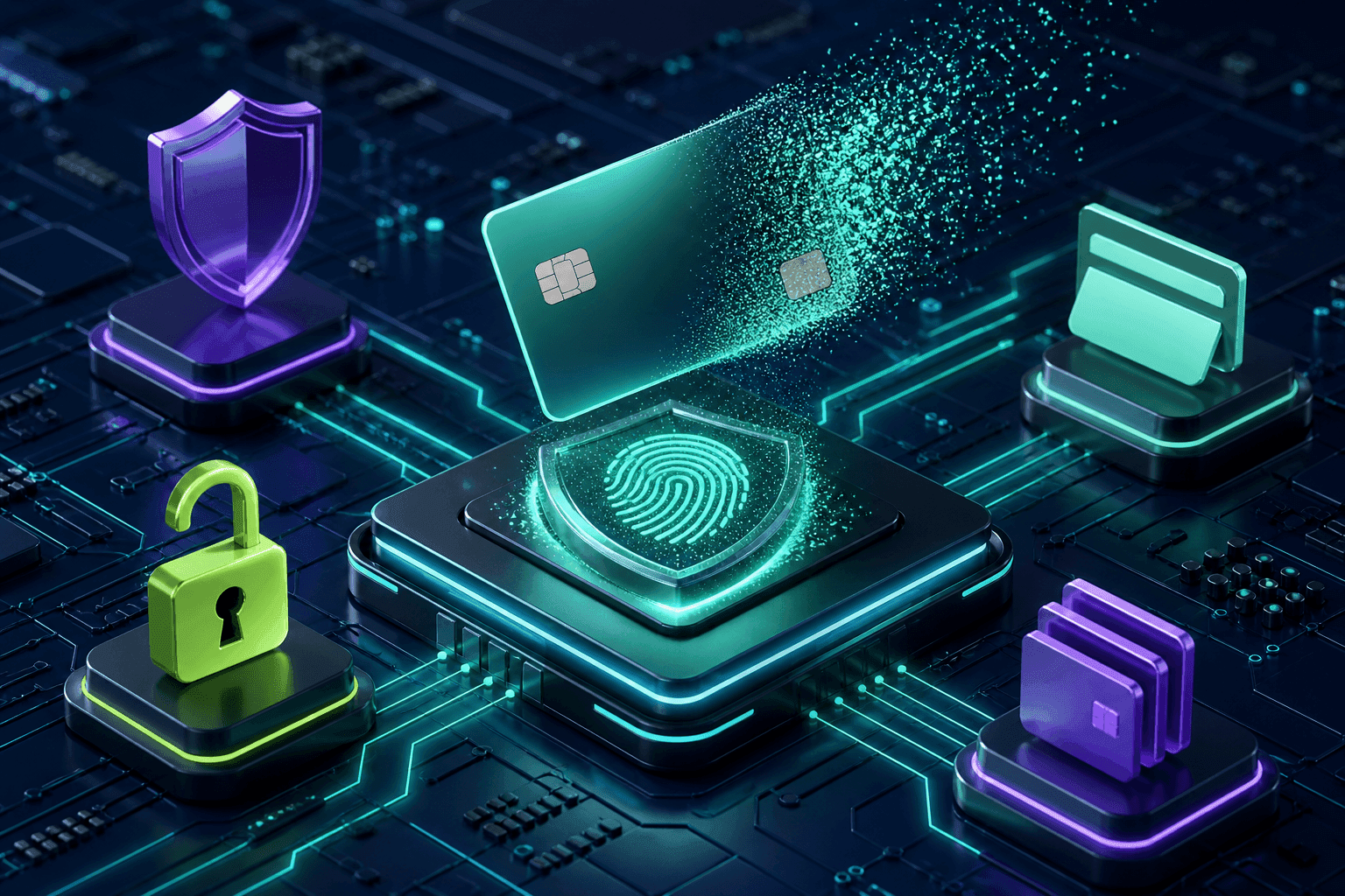 A payment card lifting away from a circuit board while a glowing fingerprint shield remains
