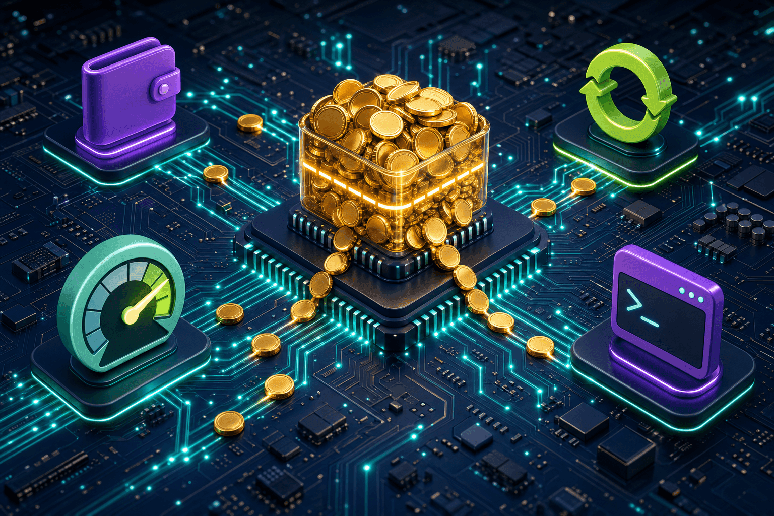A circuit board with a glowing overflowing coin reservoir on the central chip, representing DevPass credits overflow past the plan allowance