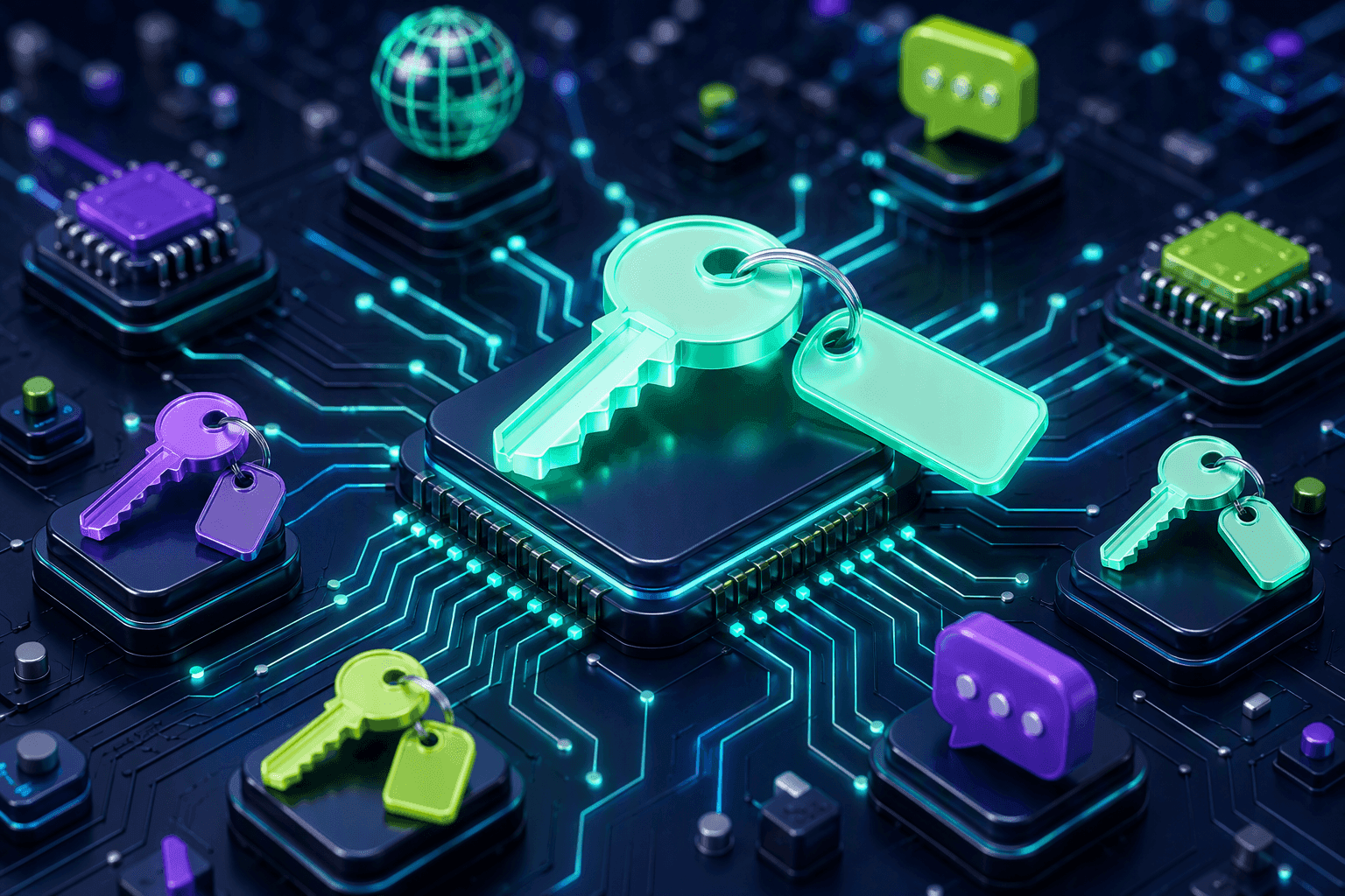 Product roundup: labeled provider keys on a circuit board beside new model chips for Grok 4.6 and GLM-5.2 Turbo