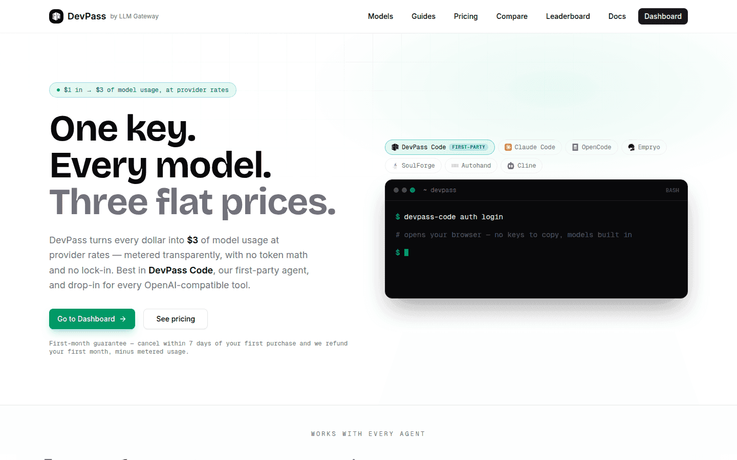 DevPass landing page with flat-price dev plans