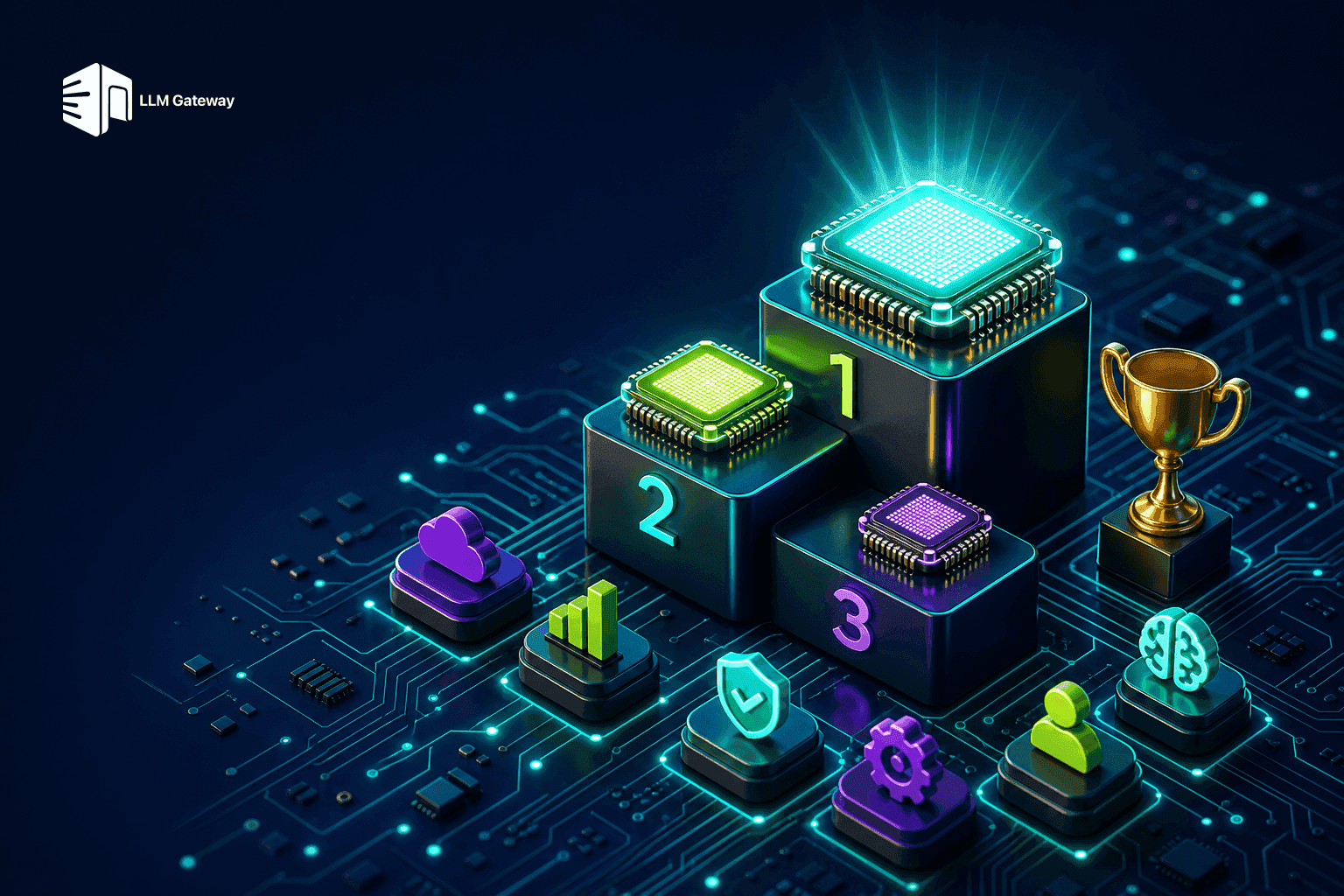 A podium of glowing processor chips of different sizes on a circuit board, representing the best open-source LLMs of 2026 ranked