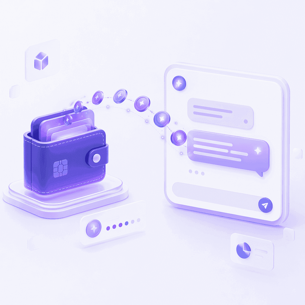 A digital wallet streaming credit tokens into an AI chat interface