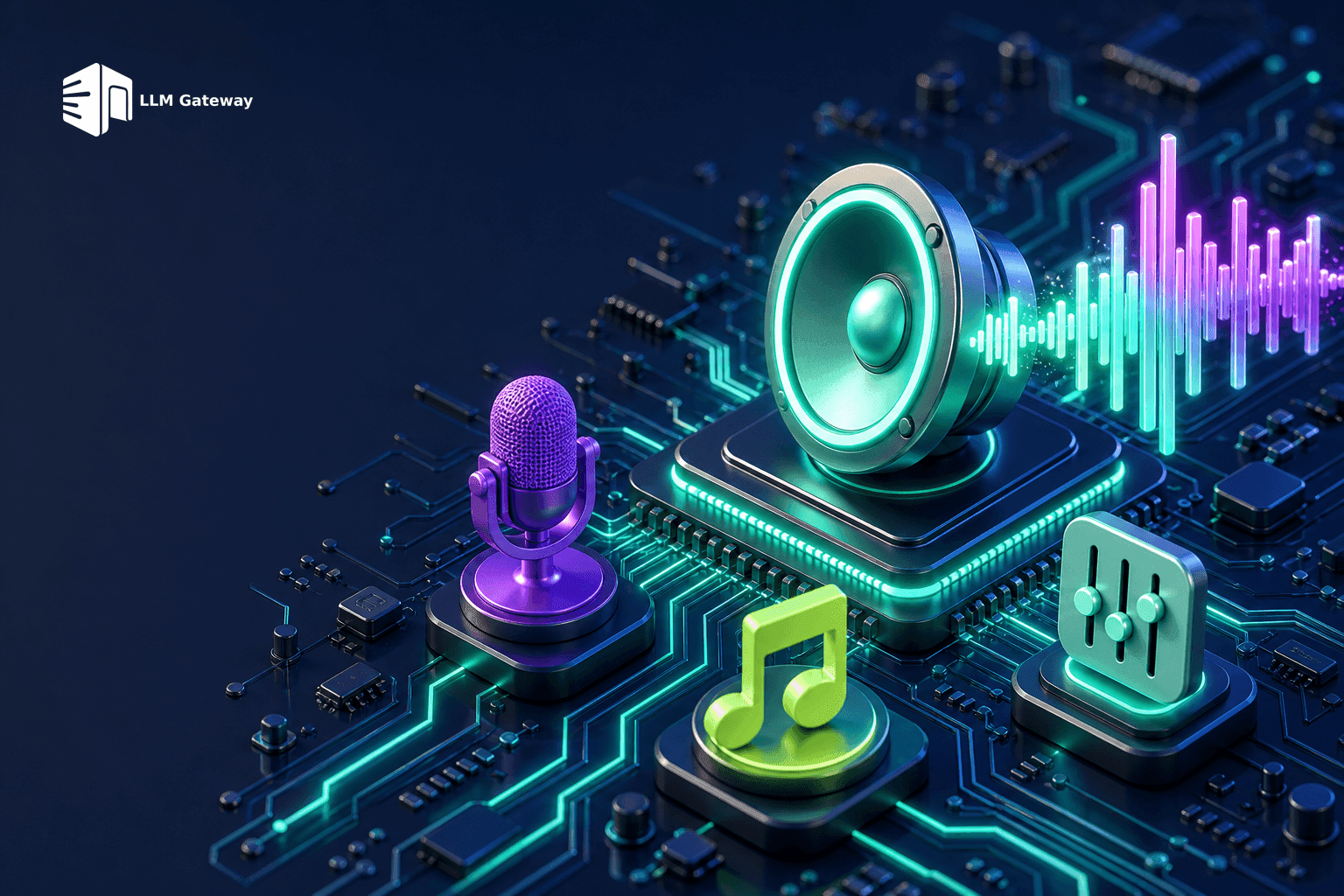 A glowing waveform and speaker on a circuit board, representing a text-to-speech API