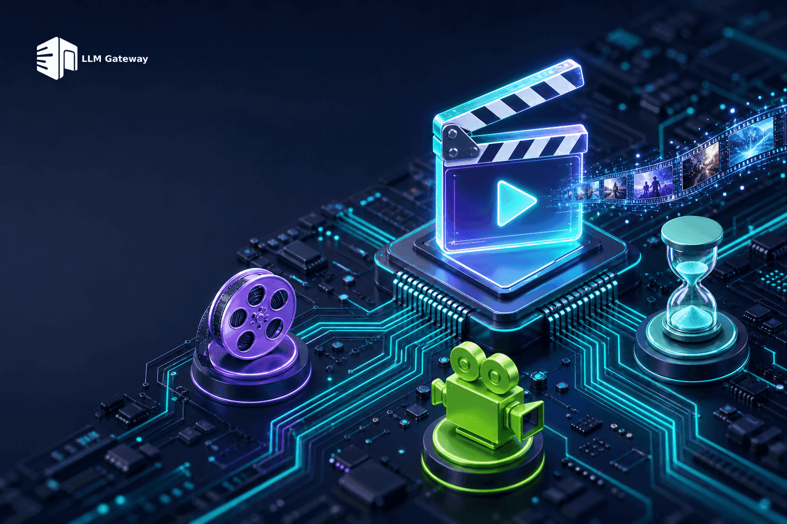 A glowing film clapperboard rendering frames on a circuit board, representing an AI video generation API