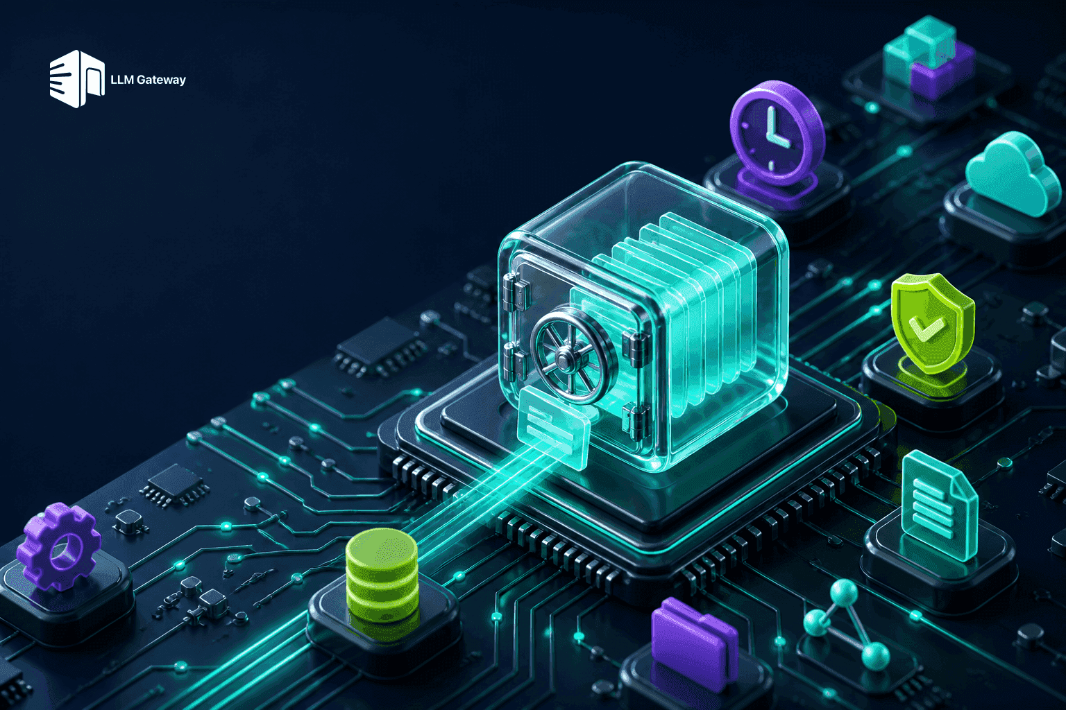 LLM data retention concept — a glowing vault chip on a circuit board holding request records