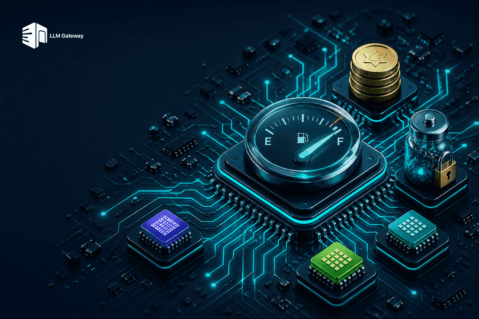 A circuit board with a glowing price meter on the central chip surrounded by model icons, representing OpenCode Go's new dollar-metered pricing