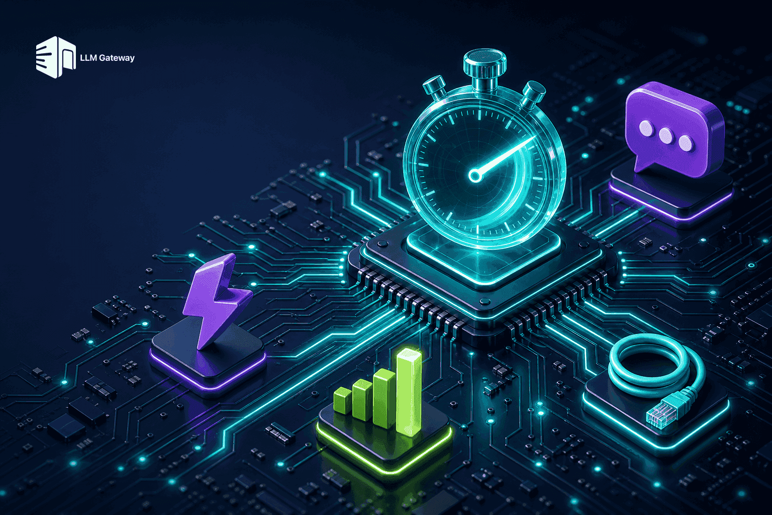 Glossy circuit board with a glowing stopwatch on the central chip and light traces racing toward it, representing an AI gateway latency benchmark