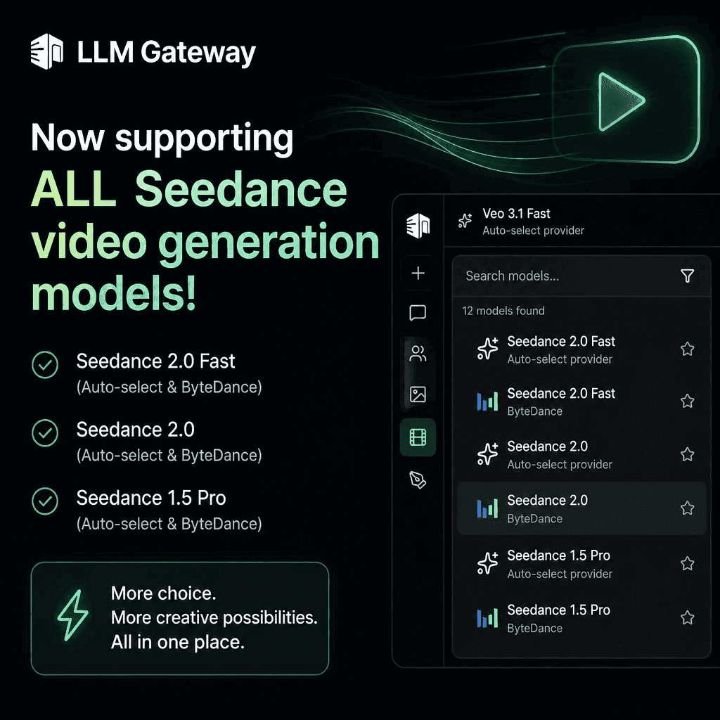 ByteDance Seedance video models now live on LLM Gateway