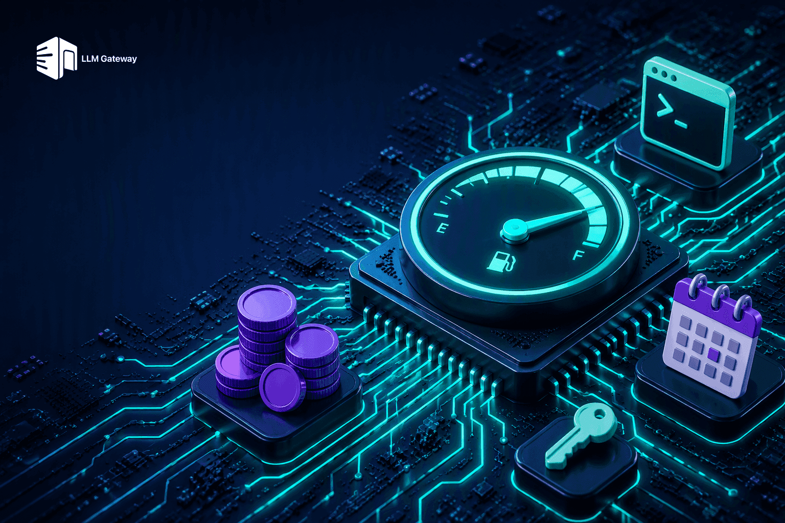 Glossy 3D circuit board with a central meter dial surrounded by coin and terminal icons, representing a metered flat-rate coding plan