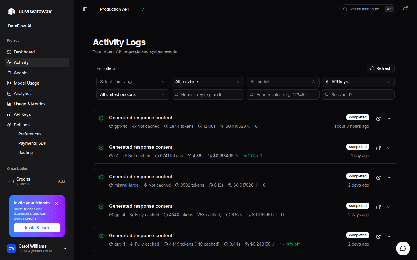 LLM Gateway activity view with per-request logs