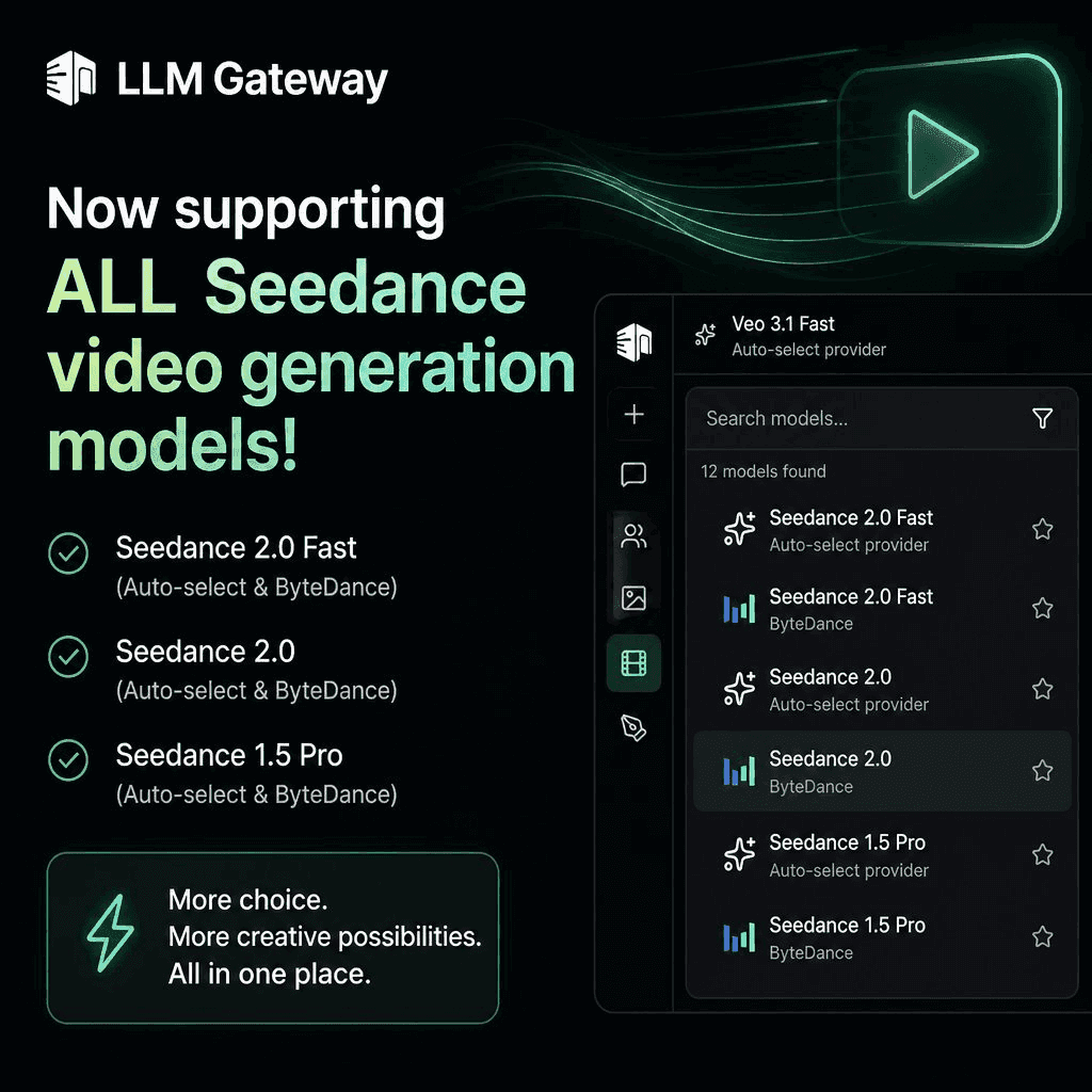 ByteDance Seedance video generation models in the LLM Gateway model selector